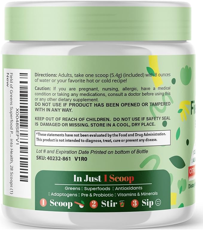 Field of Greens Superfood Powder with Organic Spirulina, Chlorella, Beet Root Powder - Bacillus Coagulans Probiotic, A Plant-Based Mix Supporting Gut Health, Immunity, Bloom into Health, 28 Scoops (1)