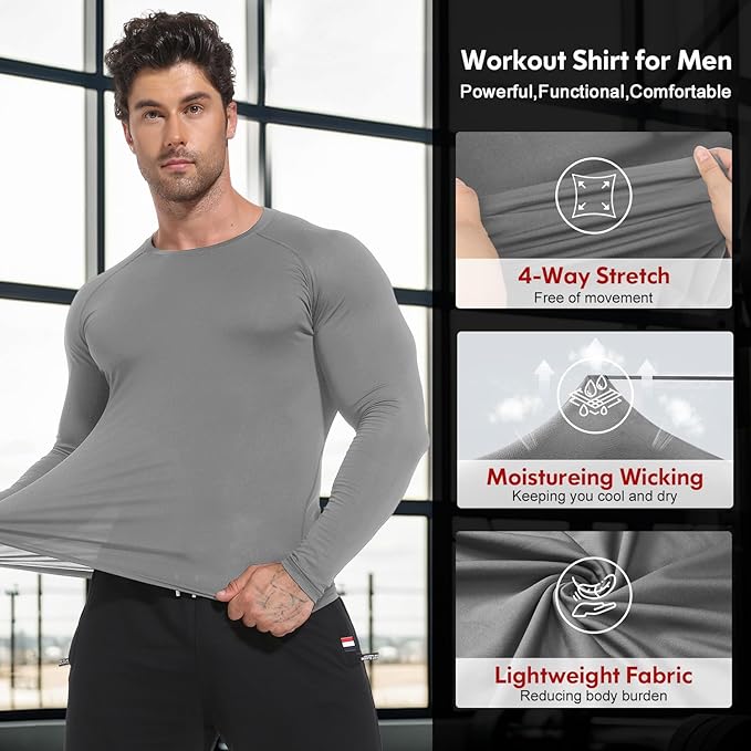 CL convallaria 4 Pack Compression Shirts Men Long Short Sleeve Cooling Dry Rash Guard Athletic Workout T Shirt for Sports