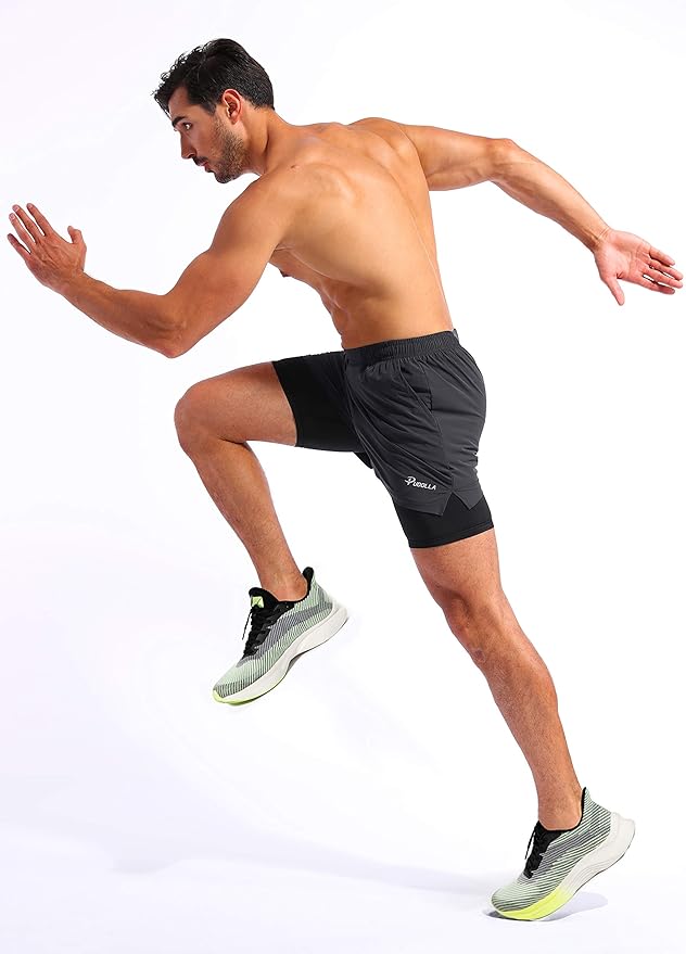 Pudolla Men’s 2 in 1 Running Shorts 5" Quick Dry Gym Athletic Workout Shorts for Men with Phone Pockets