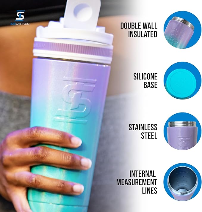 Ice Shaker Insulated Stainless Steel Shaker Bottle | 26oz, Mermaid | Cold for 30+ Hours | Insulated Cup with Twist-on Agitator | Odor-Free Bottle for Protein Shakes, Water, Smoothies, Cocktails