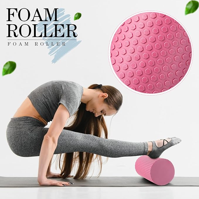 6 Pcs Pink Foam Roller Set Includes Peanut Massage Ball, Back Roller, Massage Roller Stick, 2 Foot Stretching Strap, and Fasciitis Ball for Christmas Gift Exercise Physical Body Therapy Yoga Massager