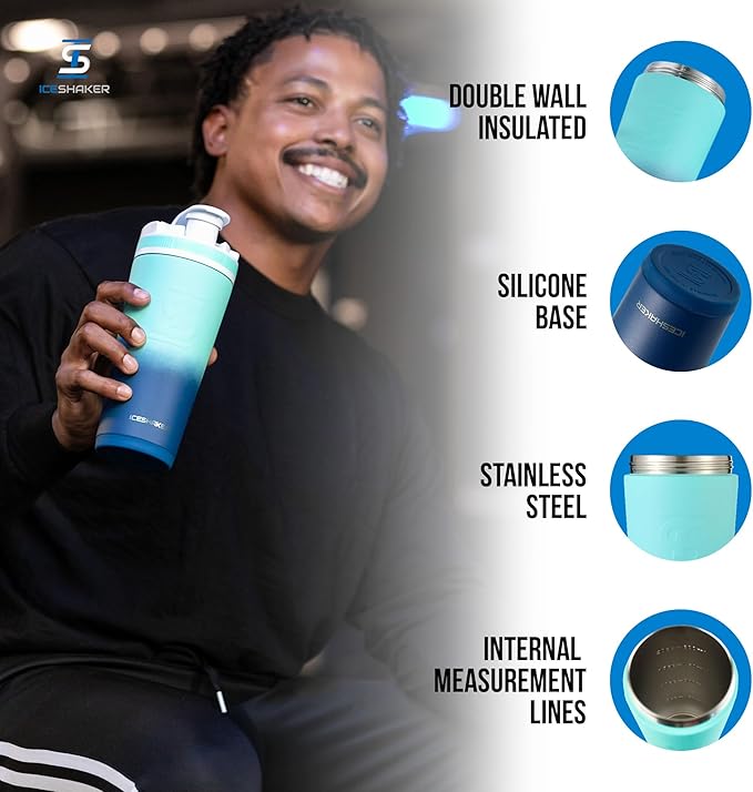 Ice Shaker Insulated Stainless Steel Shaker Bottle | 26oz, Navy/Mint | Cold for 30+ Hours | Insulated Cup with Twist-on Agitator | Odor-Free Bottle for Protein Shakes, Water, Smoothies, Cocktails
