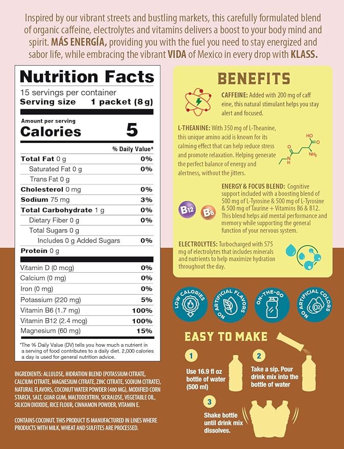 Hydration + Energy Electrolyte Drink Mix – Coffee Horchata Agua Fresca Flavor | Sugar-Free Powder with Caffeine, L-Theanine, Coconut Water & Minerals | 15 Single-Serve Stick Packs