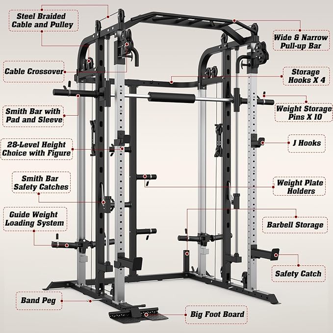 Smith Machine, Multifunctional Power Cage Rack with Smith Bar and Cable Pulley System, and LAT Pull Down Machine for Home Gym…