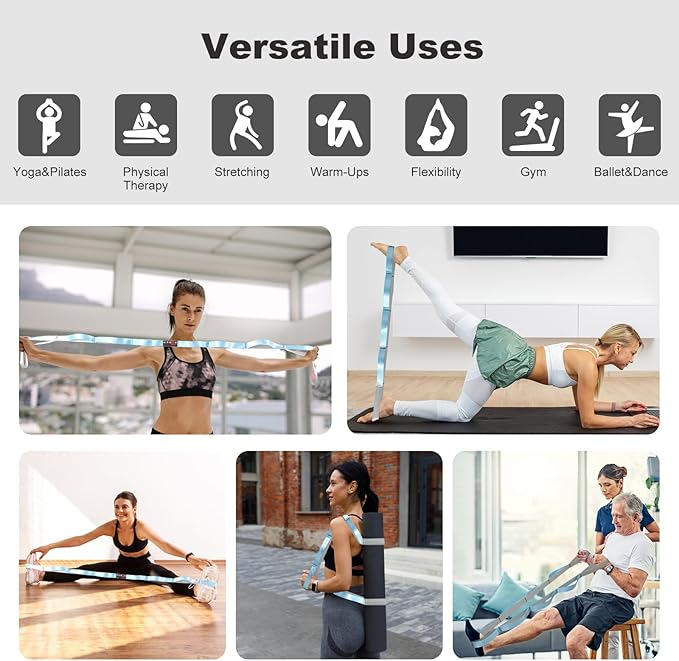 Durable Non-Elastic Stretch Strap for Physical Therapy and Yoga, 10 Loops Stretching Band for Pilates, Flexibility, Exercise - Ideal for Men & Women