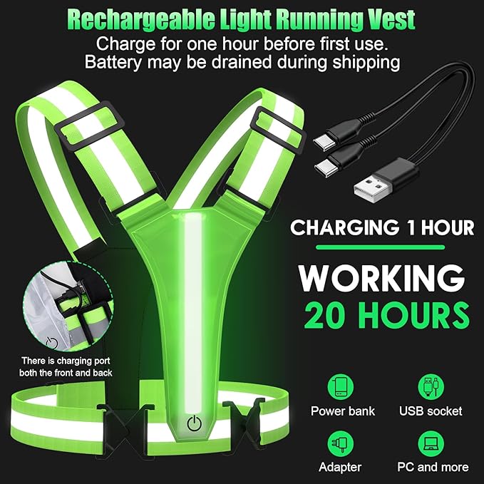 LED Reflective Vest Running Gear, 5 Colors Lights Up Running Vest for Night Walking Cycling Jogging, Adjustable Size for Men Women Kids, Rechargeable and High Visible