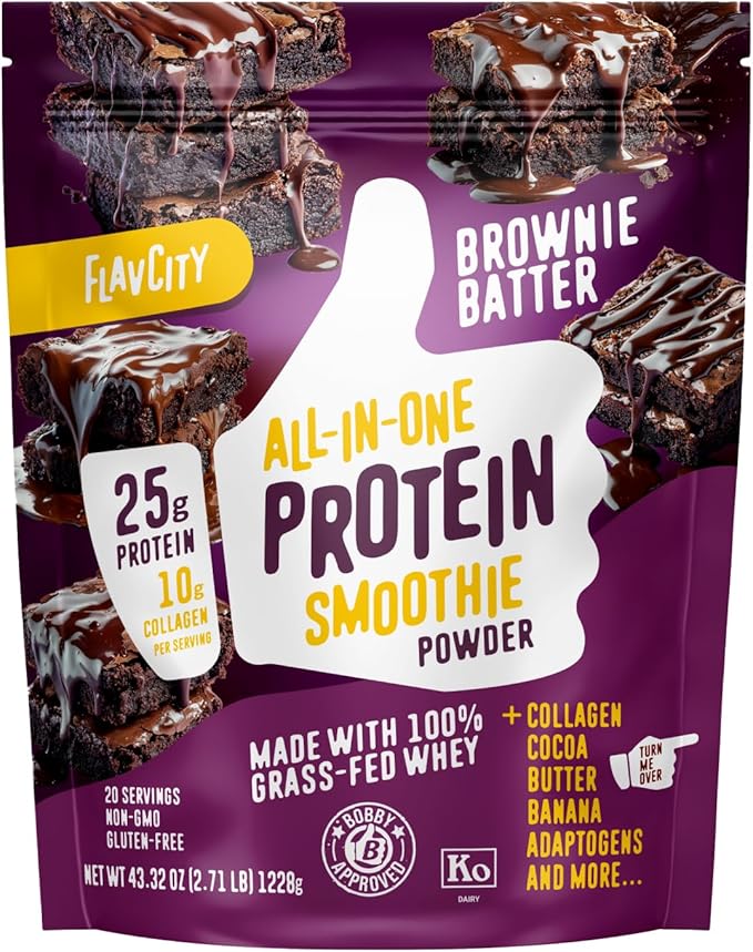 FlavCity Grass Fed Whey Chocolate Protein Powder - Brownie Batter - 25g Protein & 10g Collagen - Made with Organic Cocoa & Coconut Milk - Gluten Free & No Added Sugars (20 Servings)