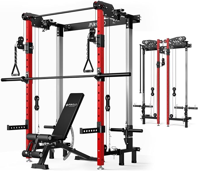 Mikolo Folding Squat Rack, Wall Mounted Power Rack with Cable Crossover Machine & LAT Pull Down, Functional Trainer with 5 Adjustable Function Modes, for Home Gym and Space Saving