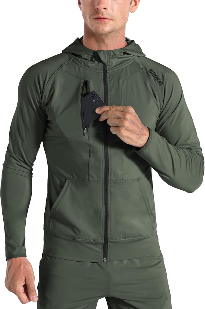 BROKIG Mens WindBreak Lightweight Running Jackets with Zip Pocket, Workout Track Hoodie Athletic Gym Sweatshirts Men