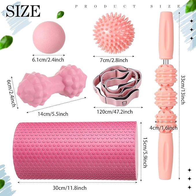 6 Pcs Pink Foam Roller Set Includes Peanut Massage Ball, Back Roller, Massage Roller Stick, 2 Foot Stretching Strap, and Fasciitis Ball for Christmas Gift Exercise Physical Body Therapy Yoga Massager