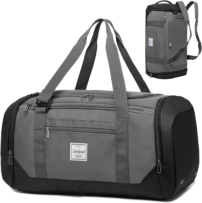 Laripwit Gym Bags for Men, 40L Medium Sports Travel Duffel Bag with Shoe Compartment & Wet Pocket Lightweight Gym Duffle Bag Backpack Multipurpose Weekender Overnight Backpack for Women, Gray