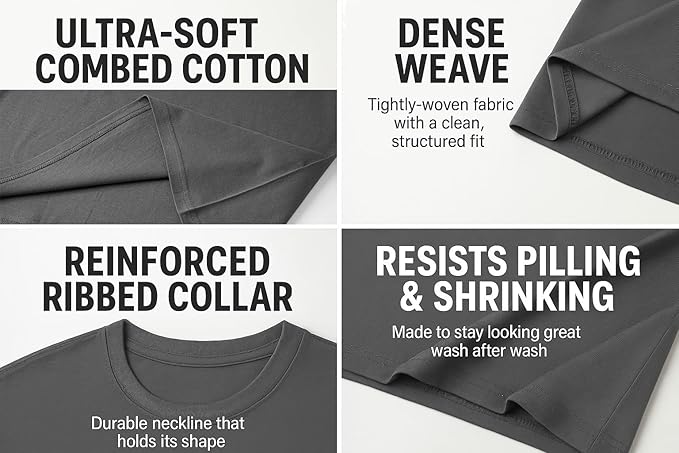 6-Pack Bulk Men’s T-Shirts – Soft Pre-Shrunk Premium Cotton, Short Sleeves, Reinforced Collar, Crew Neck, Casual Fit