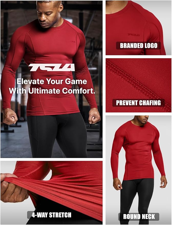 TSLA Men's UPF 50+ Compression Shirts, Cool Dry Long Sleeve Athletic Tops, Sports Baselayer Workout Shirt