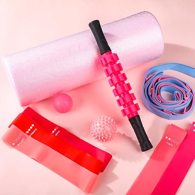 Soulchen 11 Pcs Pink 7 In1 Foam Roller Set Foam Back Roller Massage Stick Exercise Resistance Elastic Bands Plantar Fasciitis Ball Spiky Massager Ball with Bag for Physical Body Therapy Yoga Pilates