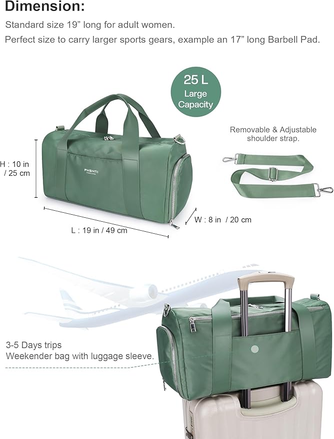 Gym Bag for Women Girls with Shoe Compartment & Wet Pocket - Duffle Bag for Travel Sports Fitness Workout Athletic, 19"-Medium, Olive Green