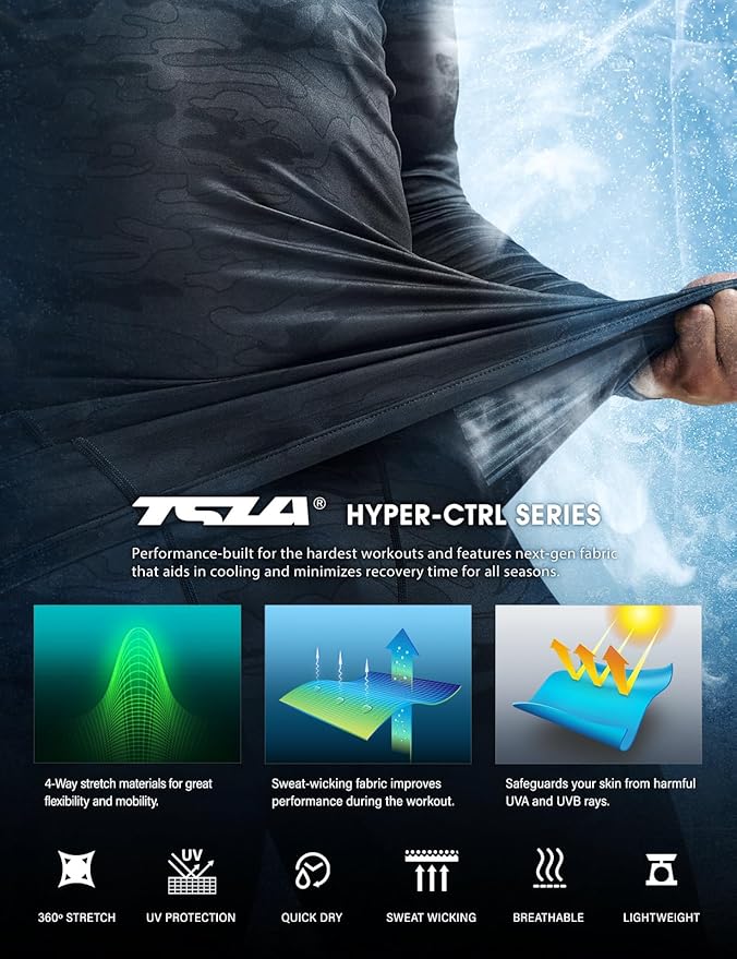 TSLA Men's UPF 50+ Compression Shirts, Cool Dry Long Sleeve Athletic Tops, Sports Baselayer Workout Shirt