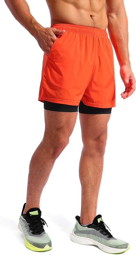 Pudolla Men’s 2 in 1 Running Shorts 5" Quick Dry Gym Athletic Workout Shorts for Men with Phone Pockets