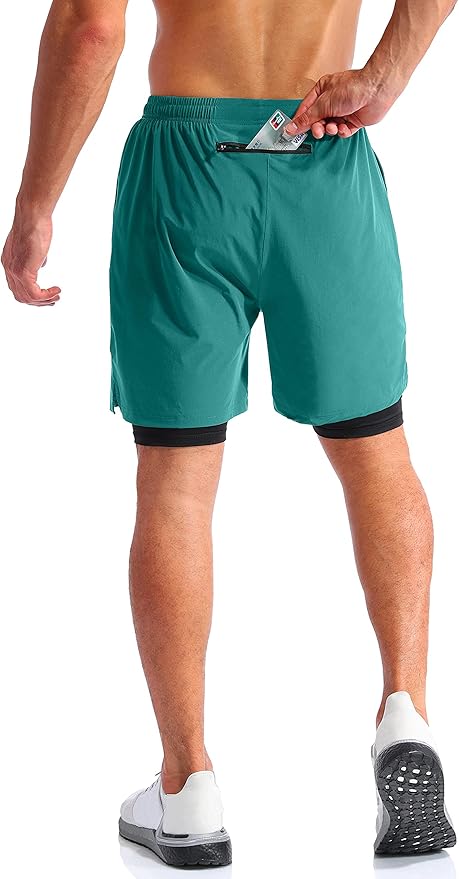 Pudolla Men’s 2 in 1 Running Shorts 5" Quick Dry Gym Athletic Workout Shorts for Men with Phone Pockets