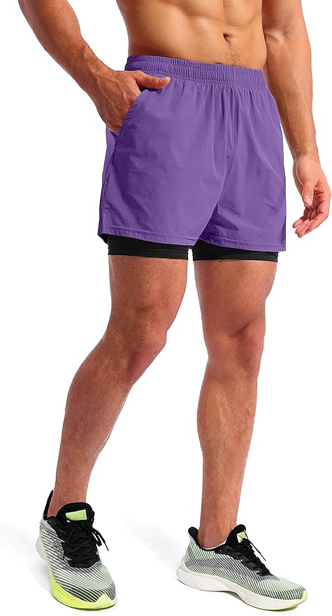 Pudolla Men’s 2 in 1 Running Shorts 5" Quick Dry Gym Athletic Workout Shorts for Men with Phone Pockets