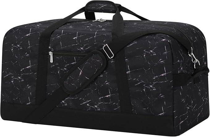 55L Mens Duffle Bag for Travel - 25 inch Sports Duffel Bag with Hard Bottom - Marble Black