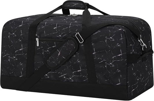 55L Mens Duffle Bag for Travel - 25 inch Sports Duffel Bag with Hard Bottom - Marble Black