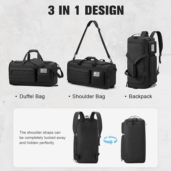 G4Free 3-in-1 Travel Duffle Bag for Men and Women, 50L Large Gym Sports Bags Tactical Military Duffle Backpack with Shoes Compartment and Wet Pocket (Black)