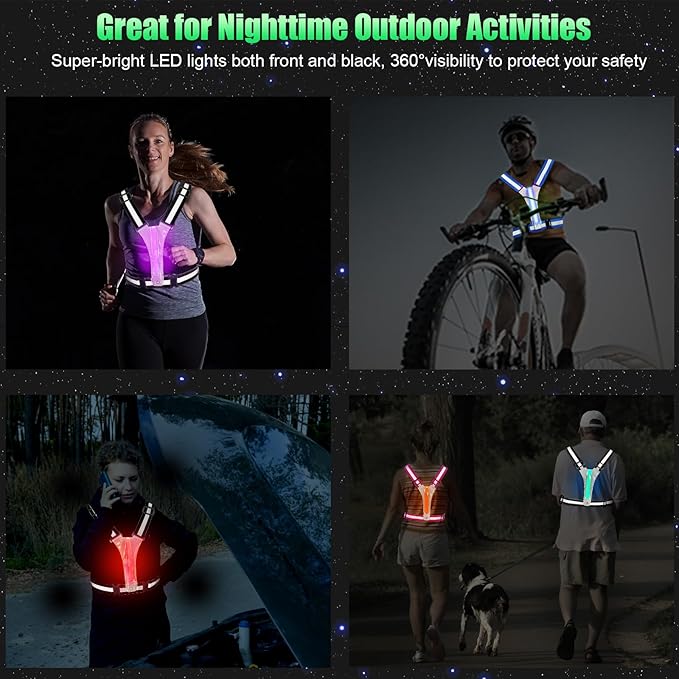 LED Reflective Vest Running Gear, 5 Colors Lights Up Running Vest for Night Walking Cycling Jogging, Adjustable Size for Men Women Kids, Rechargeable and High Visible