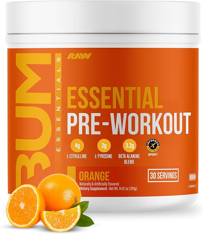 RAW Essential Pre-Workout Powder (Orange) - Chris Bumstead Sports Nutrition Supplement for Men & Women - Preworkout Energy Powder with Caffeine, L-Citrulline, L-Tyrosine, & Beta Alanine Blend