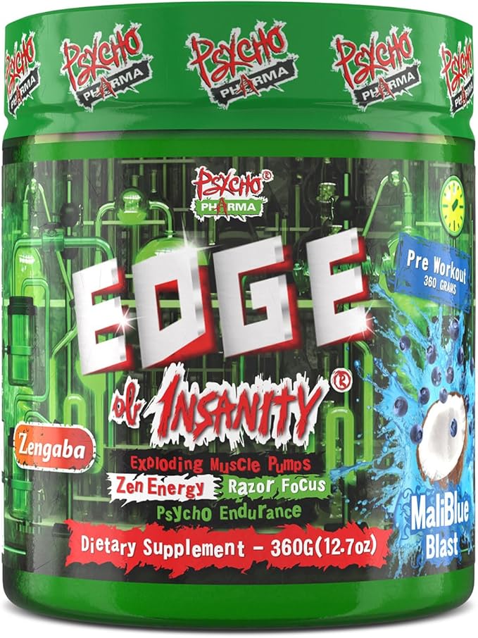 Psycho Pharma New Perfect Powders with Zengaba Energy Feel Good Focus Edge of Insanity - Most Intense Workout Powder for Focus, Strength & Energy (MaliBlue Blast)