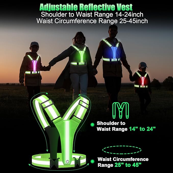 LED Reflective Vest Running Gear, 5 Colors Lights Up Running Vest for Night Walking Cycling Jogging, Adjustable Size for Men Women Kids, Rechargeable and High Visible