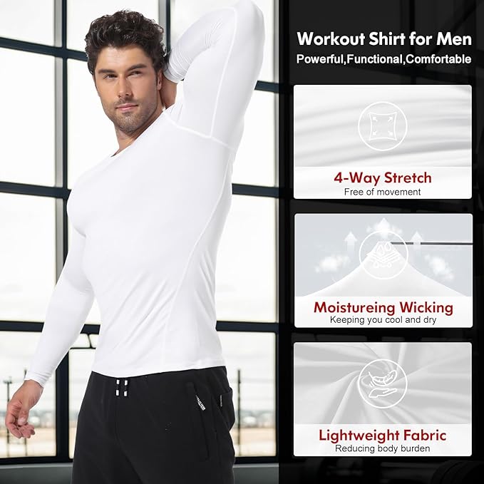 CL convallaria 4 Pack Compression Shirts Men Long Short Sleeve Cooling Dry Rash Guard Athletic Workout T Shirt for Sports