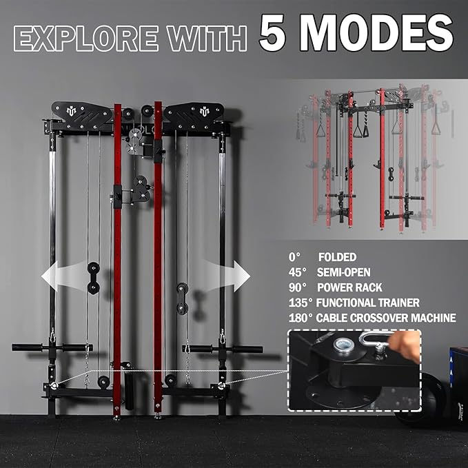 Mikolo Folding Squat Rack, Wall Mounted Power Rack with Cable Crossover Machine & LAT Pull Down, Functional Trainer with 5 Adjustable Function Modes, for Home Gym and Space Saving