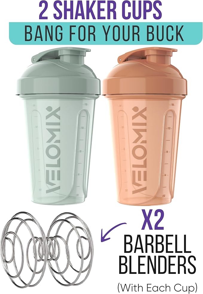 VELOMIX -2 Pack- 20 oz Protein Shaker Bottles for Protein Mixes - 2x Wire Whisk | Leak Proof Shaker Cups for Protein Shakes and Pre Workout | Protein Shaker Bottle Pack (Mint Glow)