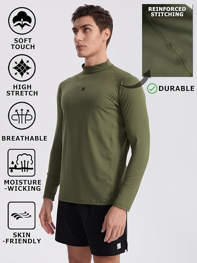 Mens Long Sleeve Turtleneck Workout Shirts Moisture Wicking Mock Neck Double Sides Brushed T-Shirts