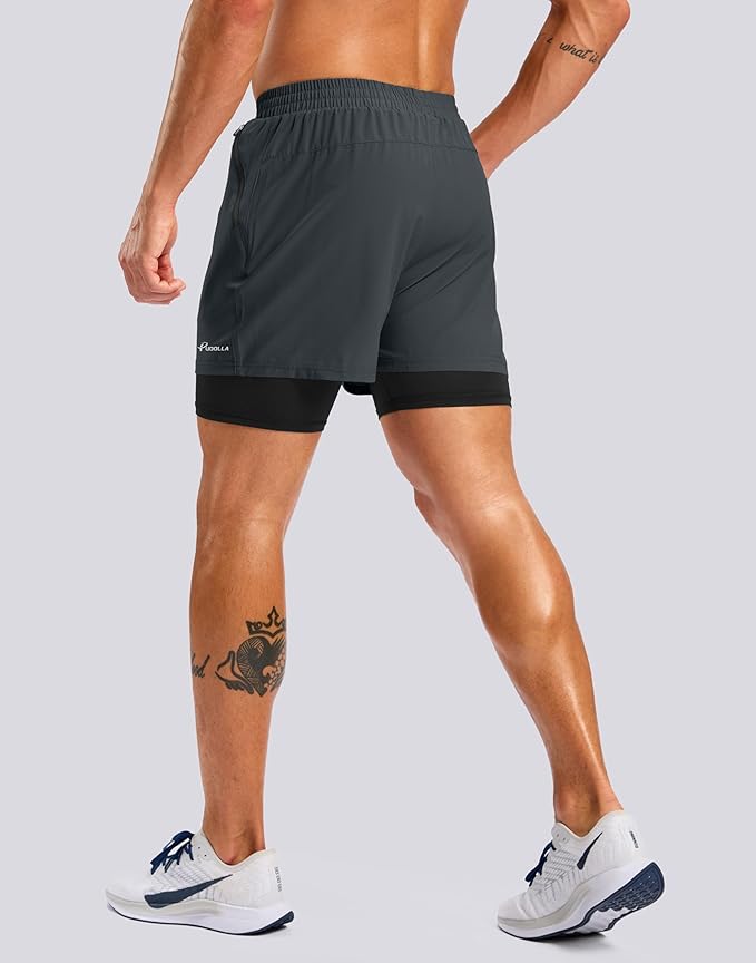 Pudolla Men's 7" Running Shorts with Zipper Pockets Quick Dry 2 in 1 Workout Gym Shorts with Liner for Tennis Yoga Training