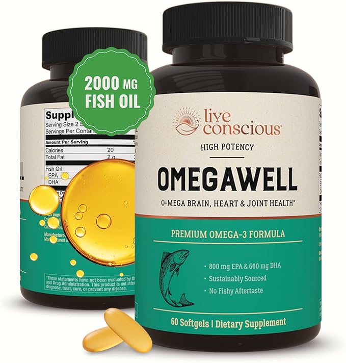 Live Conscious OmegaWell Omega 3 Fish Oil - 2000mg Capsules: Heart, Brain, & Joint Support - 800 mg EPA 600 mg DHA - Sustainably Sourced - Softgels - 30 Day Supply