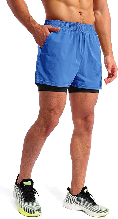 Pudolla Men’s 2 in 1 Running Shorts 5" Quick Dry Gym Athletic Workout Shorts for Men with Phone Pockets