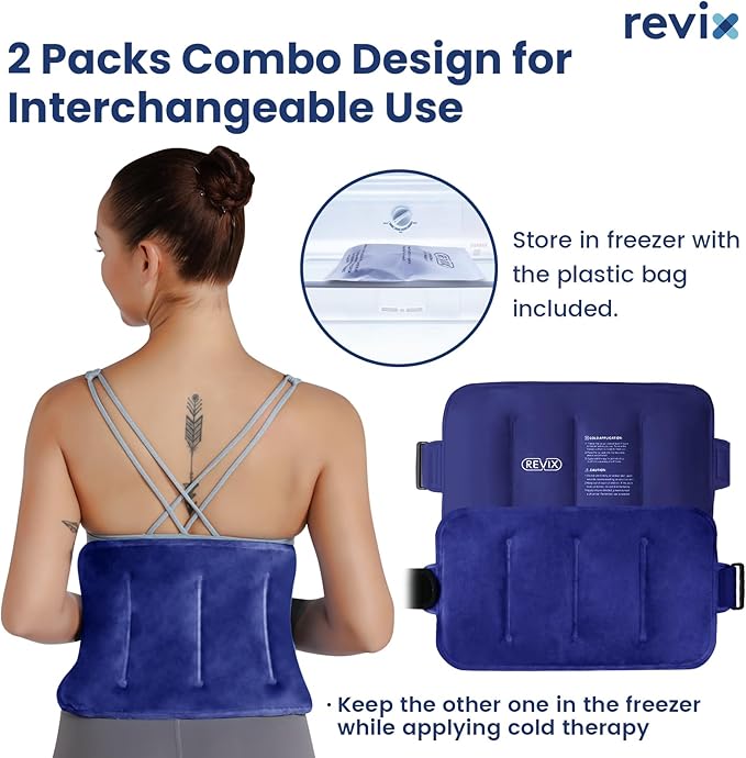 REVIX Reusable Ice Pack for Back Relief, Soft Plush Lining Gel Cold Packs for Lower Back, Shin, Knee, Hip, Arm, Flexible Cold Compress, 16 × 9 ", 2 Packs