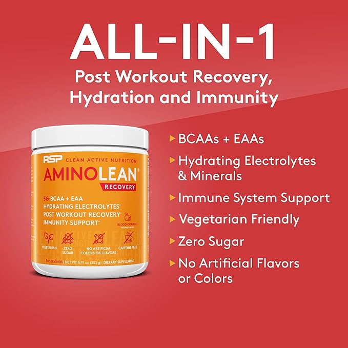 AminoLean Hydrating Electrolyte Powder and Recovery Drink with Sea Minerals, Nootropic Mushrooms, and Vegan Amino Acids, BCAAs + EAAs for Post Workout Muscle Building, Orange Splash