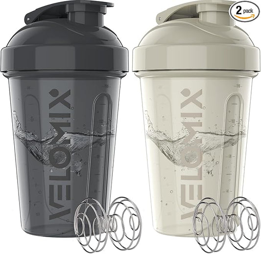 VELOMIX -2 Pack- 20 oz Protein Shaker Bottles for Protein Mixes - 2x Wire Whisk | Leak Proof Shaker Cups for Protein Shakes and Pre Workout | Protein Shaker Bottle Pack (Gray/White)