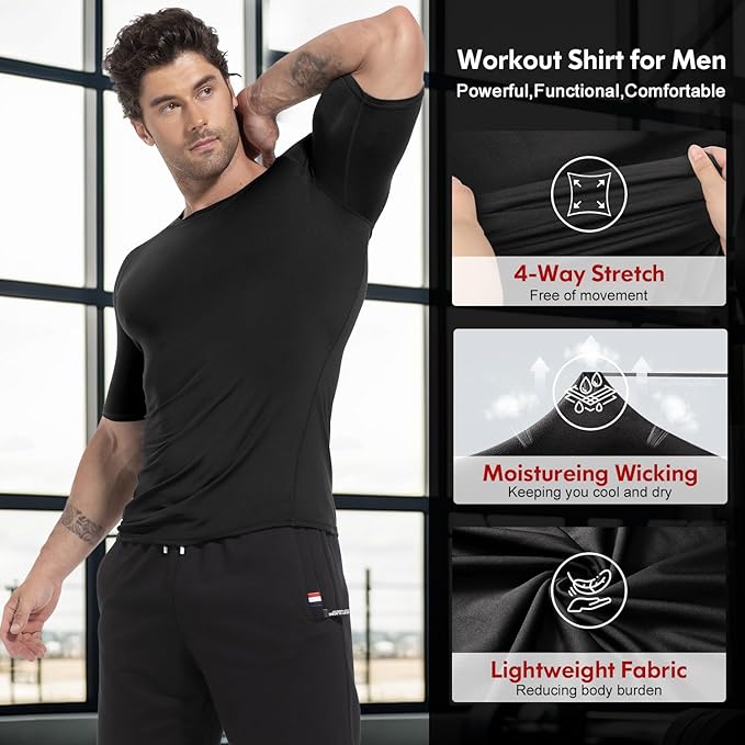 CL convallaria 4 Pack Compression Shirts Men Long Short Sleeve Cooling Dry Rash Guard Athletic Workout T Shirt for Sports