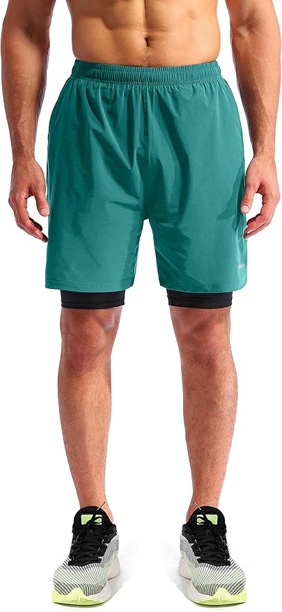 Pudolla Men’s 2 in 1 Running Shorts 5" Quick Dry Gym Athletic Workout Shorts for Men with Phone Pockets