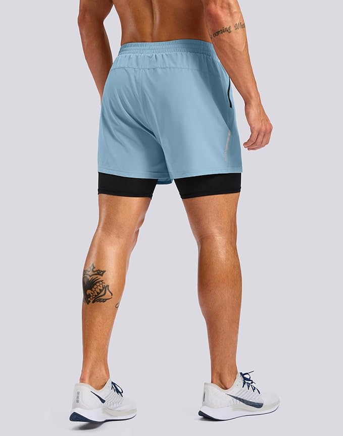 Pudolla Men's 7" Running Shorts with Zipper Pockets Quick Dry 2 in 1 Workout Gym Shorts with Liner for Tennis Yoga Training