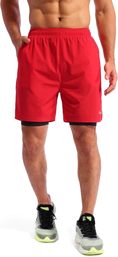 Pudolla Men’s 2 in 1 Running Shorts 5" Quick Dry Gym Athletic Workout Shorts for Men with Phone Pockets