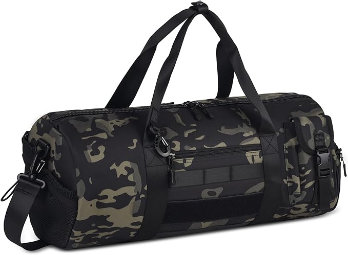 ArcEnCiel Medium Tactical Duffle Bag Men Gym Pack Molle Shoulder Bags Shoes Storage Sports Handbag with Patch(Black Camo)