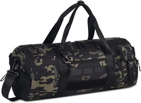 ArcEnCiel Medium Tactical Duffle Bag Men Gym Pack Molle Shoulder Bags Shoes Storage Sports Handbag with Patch(Black Camo)