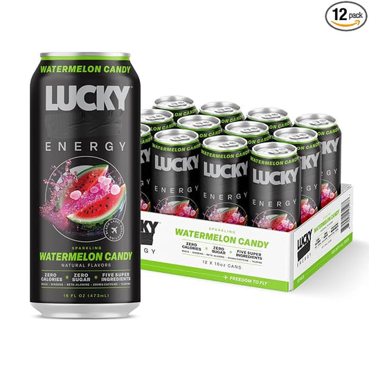 Lucky Energy Sugar Free Energy Drinks, Watermelon Candy, 16oz Cans (12-Pack) Healthy, Zero Sugar Energy Drink with Maca, Ginseng, Beta-Alanine, Taurine & 200mg Caffeine