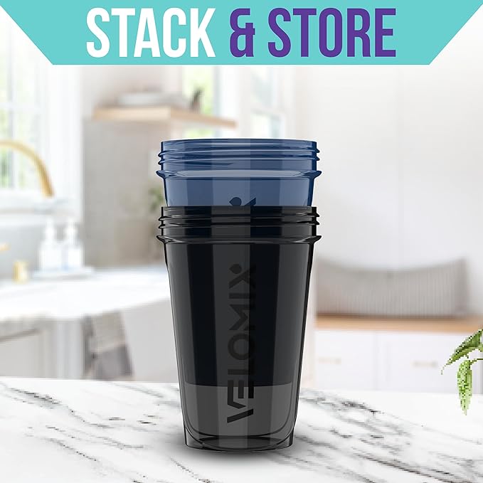 VELOMIX -2 Pack- 20 oz Protein Shaker Bottles for Protein Mixes - 2x Wire Whisk | Leak Proof Shaker Cups for Protein Shakes and Pre Workout | Protein Shaker Bottle Pack (Blue/Black)