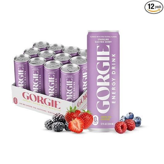 GORGIE Sugar Free Natural Energy Drinks, Wild Berry (12 Pack) - Healthy Energy Drinks - Natural Coffee Replacement with Green Tea Caffeine and Biotin - 150mg Caffeine, Vegan, & Low Calorie