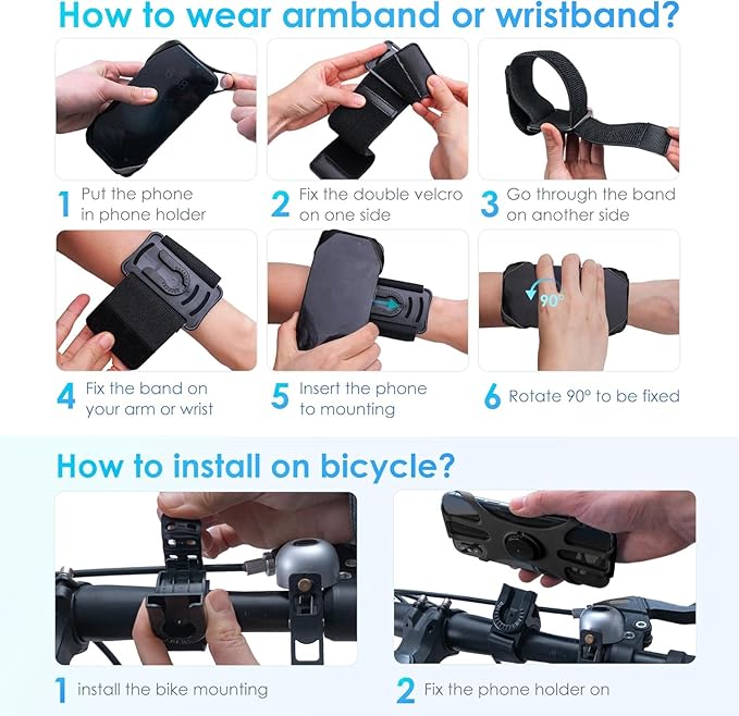 Cikyner Running Armband, 3 in 1 360° Rotatable & Detachable Sports/Bicycle Phone Holder for 4.5-7'' Smartphones, Ideal for Gym, Jogging, Hiking